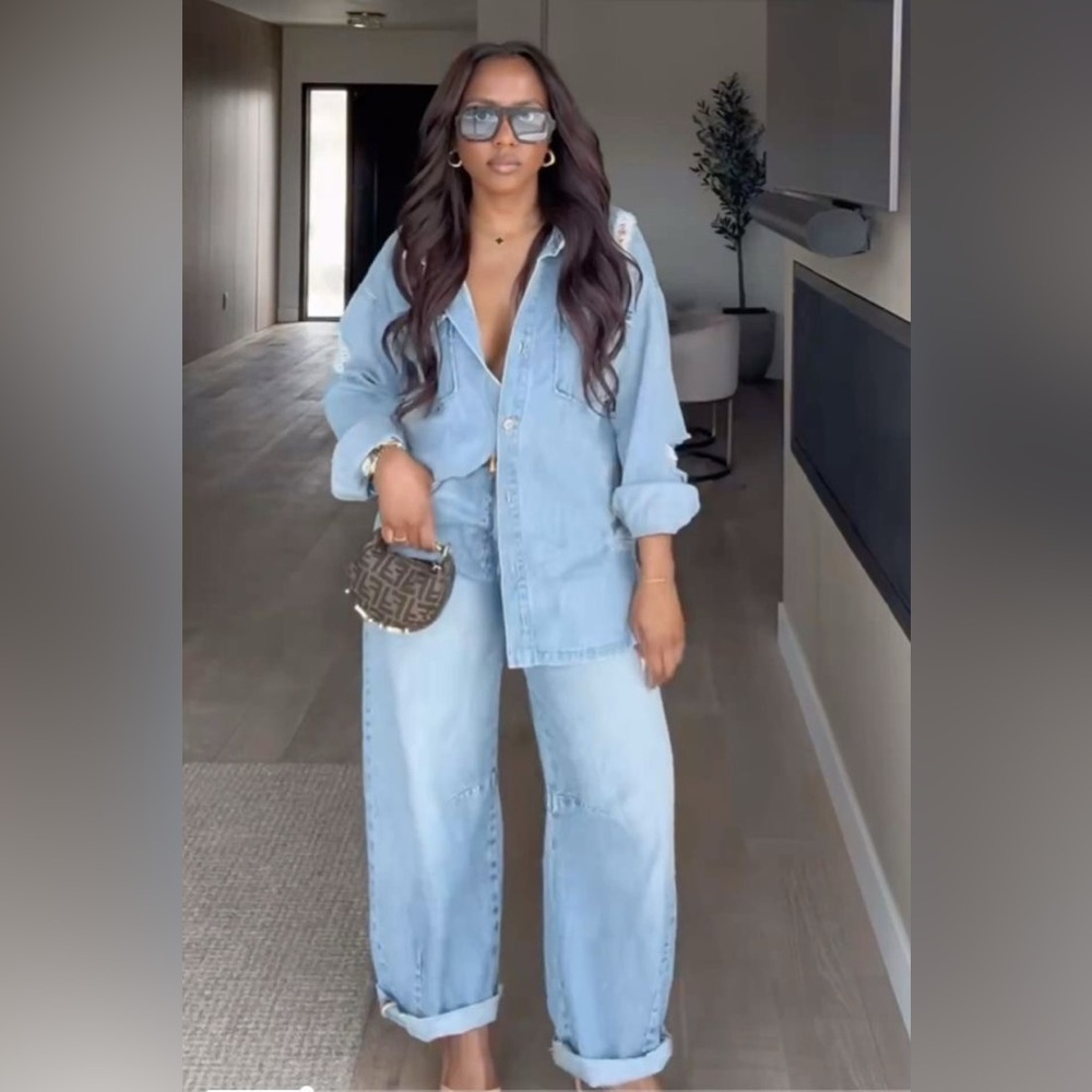 Plus Size Light Blue Denim Button-Up Shirt